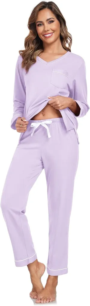 COLORFULLEAF Women's 100% Cotton Pajama Set Long Sleeve Sleepwear with Pants Soft Comfy Two-Piece Pjs with Pockets