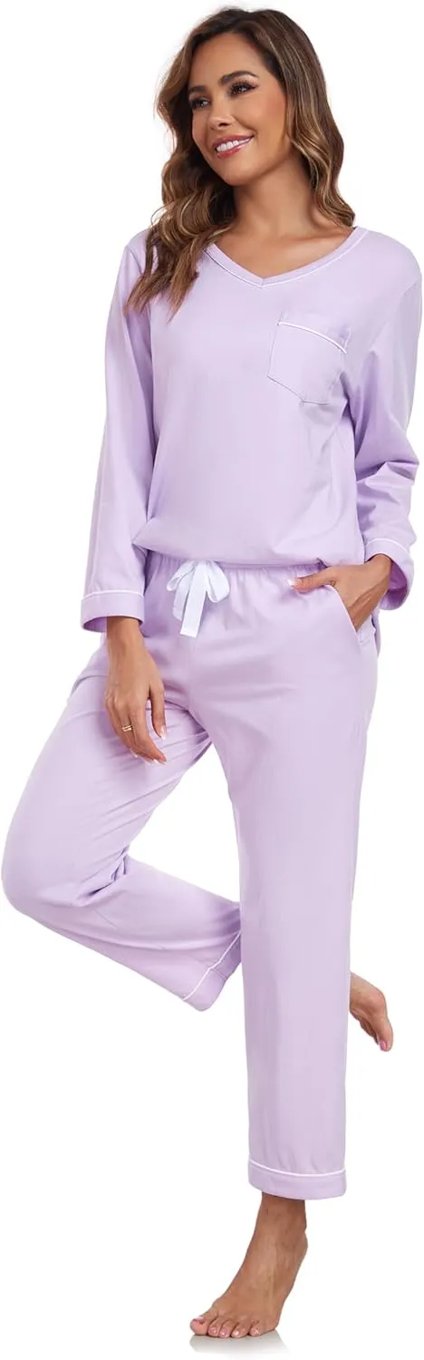 COLORFULLEAF Women's 100% Cotton Pajama Set Long Sleeve Sleepwear with Pants Soft Comfy Two-Piece Pjs with Pockets