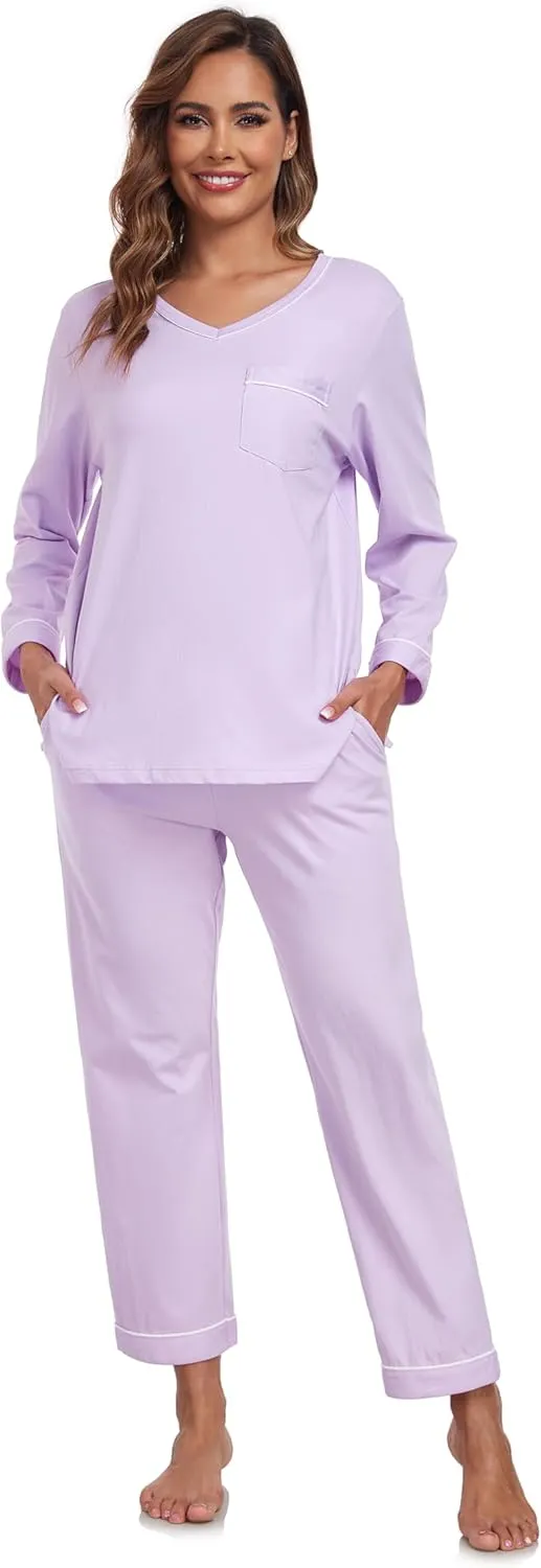 COLORFULLEAF Women's 100% Cotton Pajama Set Long Sleeve Sleepwear with Pants Soft Comfy Two-Piece Pjs with Pockets