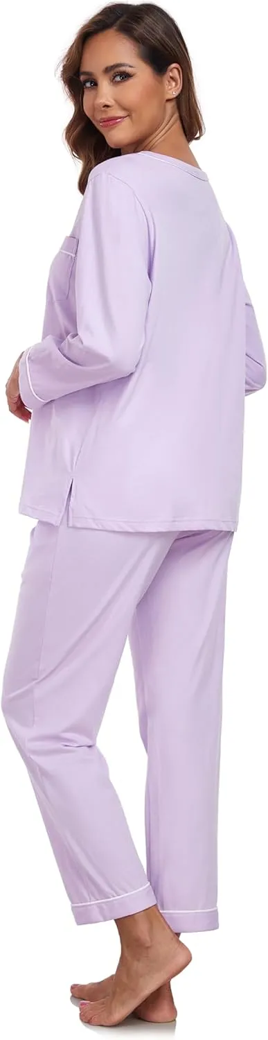 COLORFULLEAF Women's 100% Cotton Pajama Set Long Sleeve Sleepwear with Pants Soft Comfy Two-Piece Pjs with Pockets