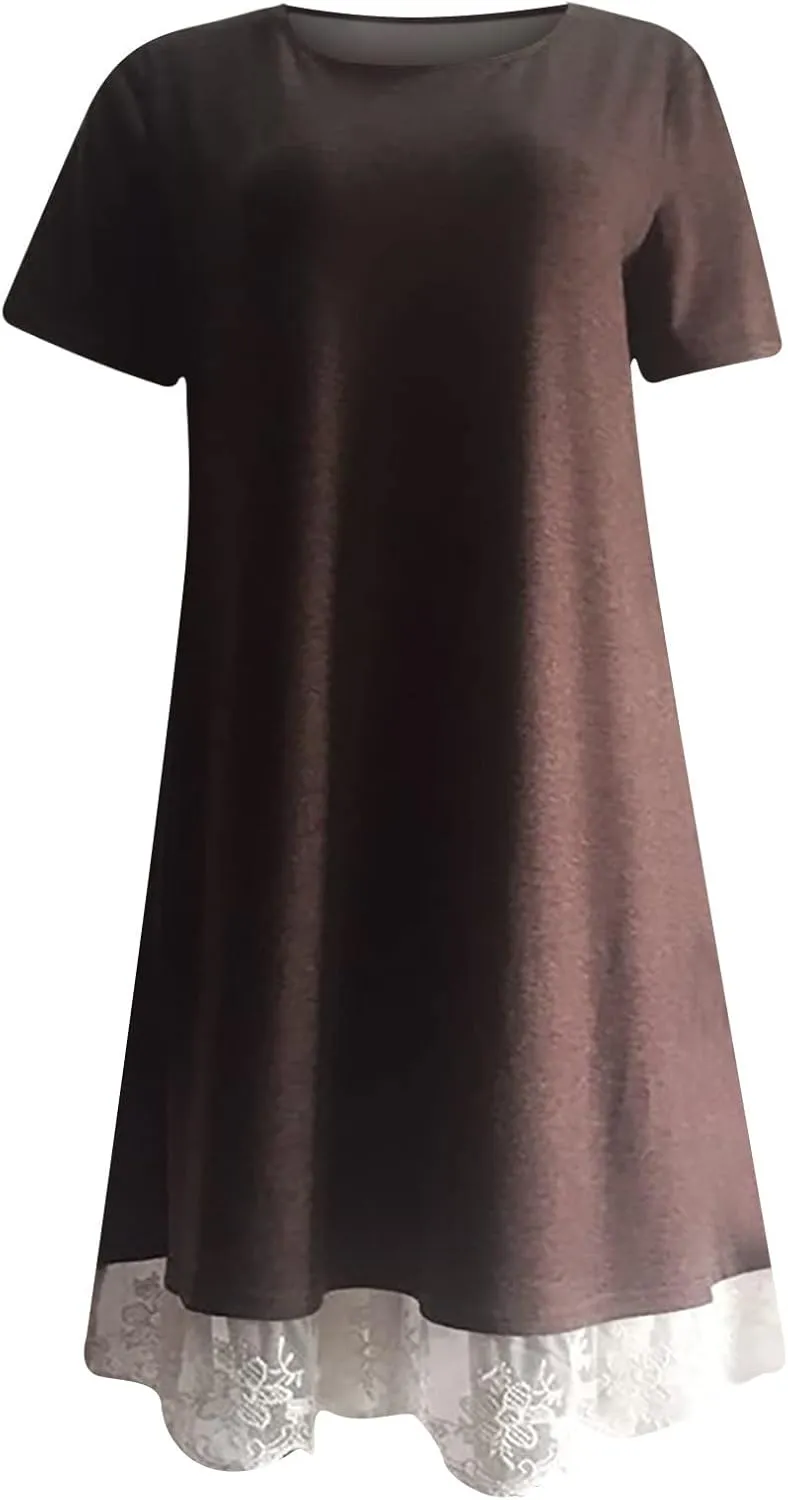Cotton Dress for Women 2025 Summer Casual Loose Lace Hem Dresses Short Sleeve Tshirt Pajamas Gown for Homewear