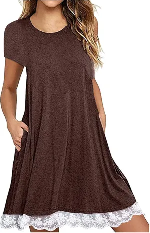 Cotton Dress for Women 2025 Summer Casual Loose Lace Hem Dresses Short Sleeve Tshirt Pajamas Gown for Homewear