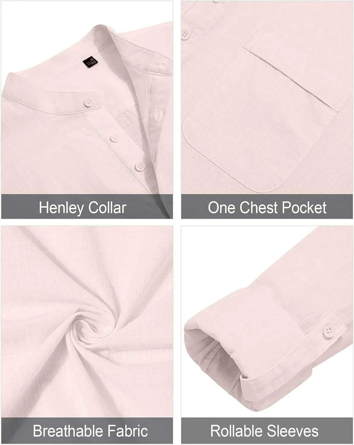 Cotton Linen Shirt for Men Solid Color Long Sleeve Shirts Casual Band Collar Vocation Tops Blouse with Pocket