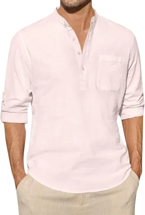 Cotton Linen Shirt for Men Solid Color Long Sleeve Shirts Casual Band Collar Vocation Tops Blouse with Pocket