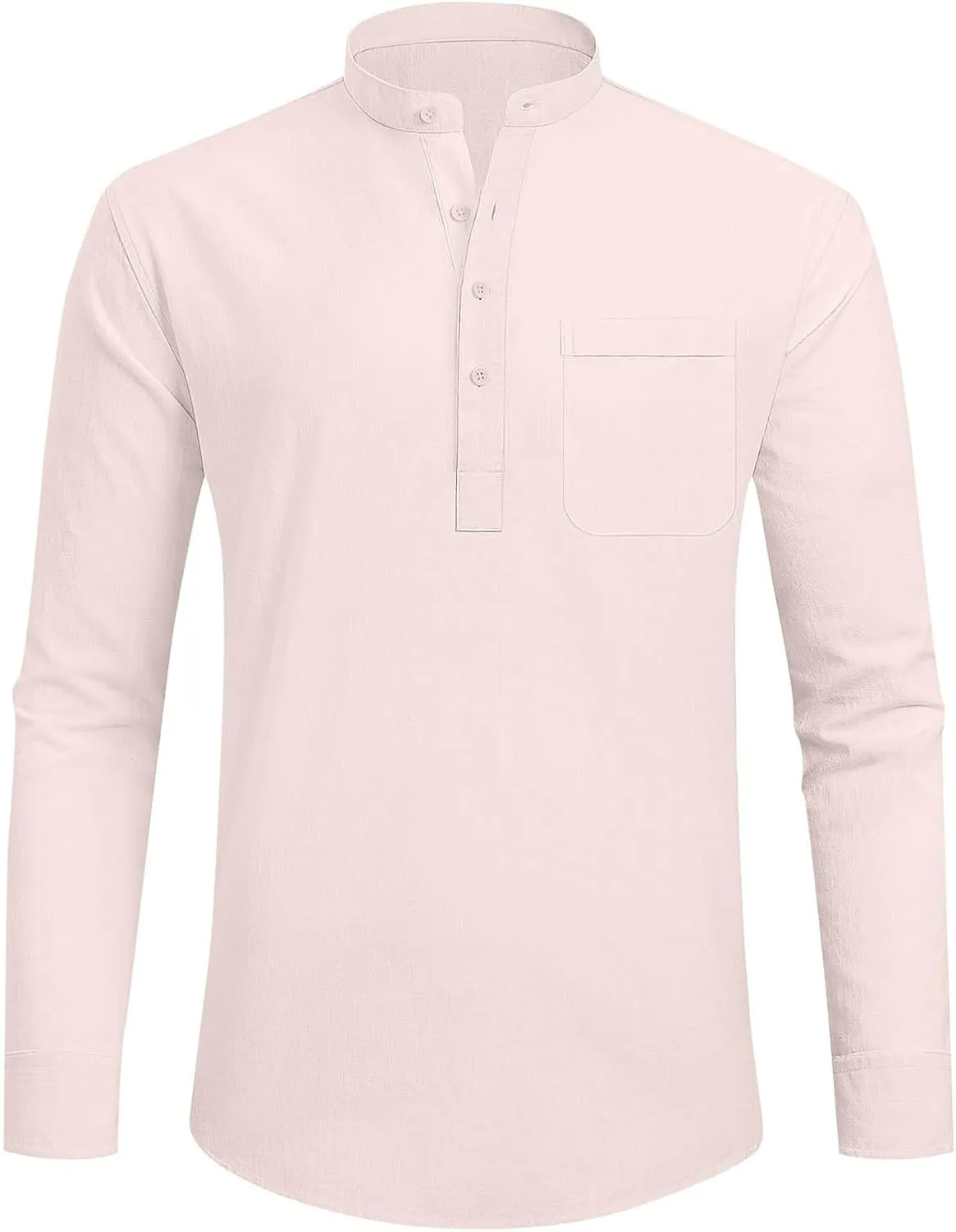 Cotton Linen Shirt for Men Solid Color Long Sleeve Shirts Casual Band Collar Vocation Tops Blouse with Pocket