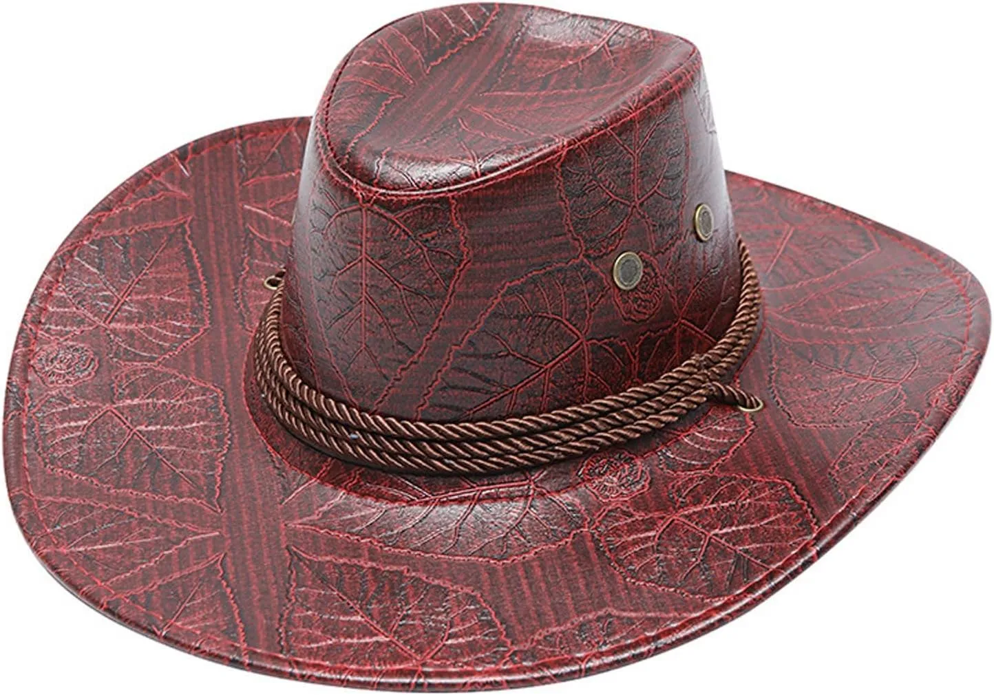 Cowboy Hat Men and Women Western Faux Leather Belt Breathable Holes Pinch Front Retro Patterned Wide Brim Glant Hat