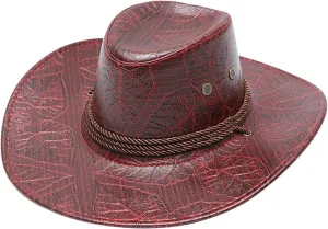 Cowboy Hat Men and Women Western Faux Leather Belt Breathable Holes Pinch Front Retro Patterned Wide Brim Glant Hat