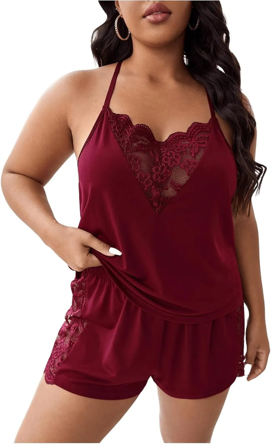 COZYEASE Women's Plus Size Pajama Set Lace Sleeveless Halter V Neck Tops and Shorts Lounge Set Nightwear