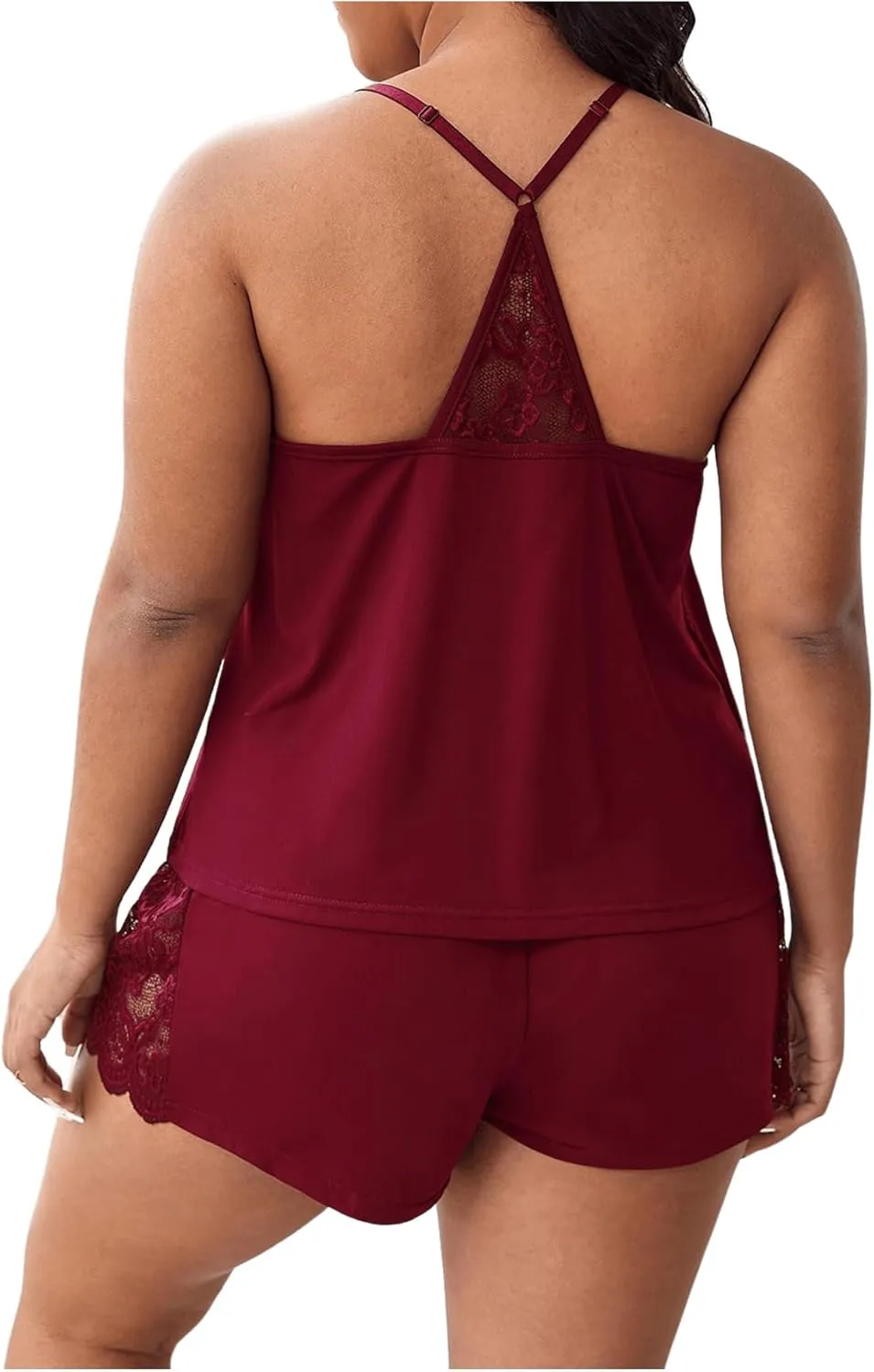 COZYEASE Women's Plus Size Pajama Set Lace Sleeveless Halter V Neck Tops and Shorts Lounge Set Nightwear