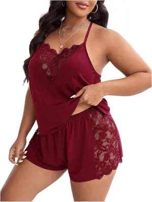 COZYEASE Women's Plus Size Pajama Set Lace Sleeveless Halter V Neck Tops and Shorts Lounge Set Nightwear