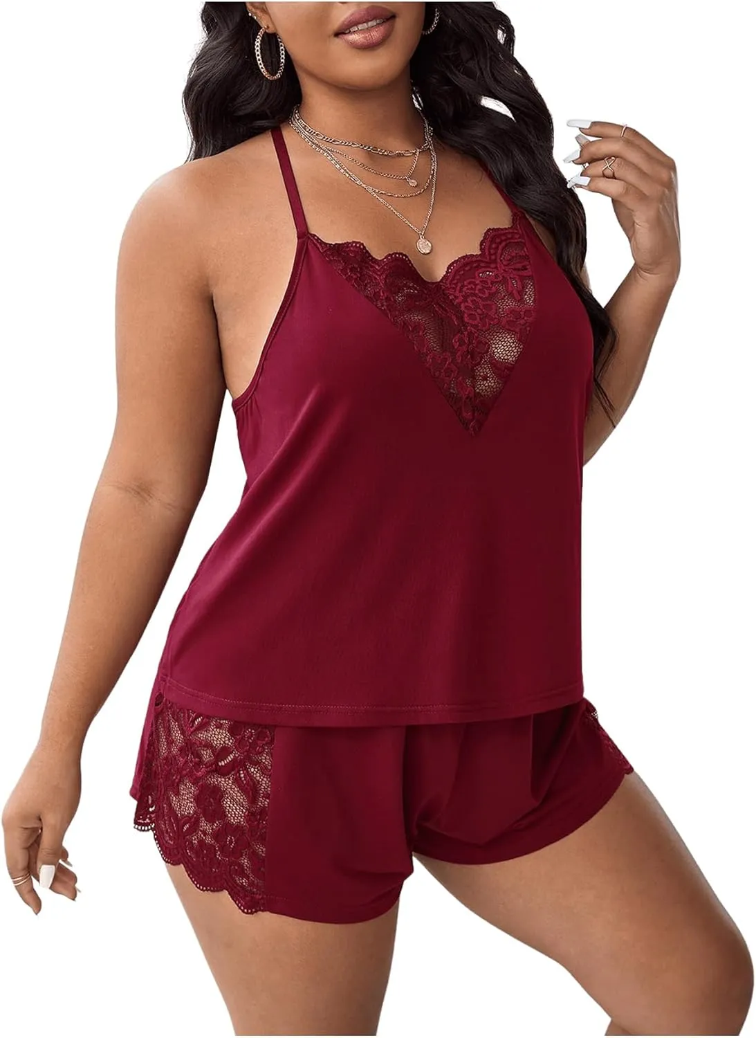 COZYEASE Women's Plus Size Pajama Set Lace Sleeveless Halter V Neck Tops and Shorts Lounge Set Nightwear