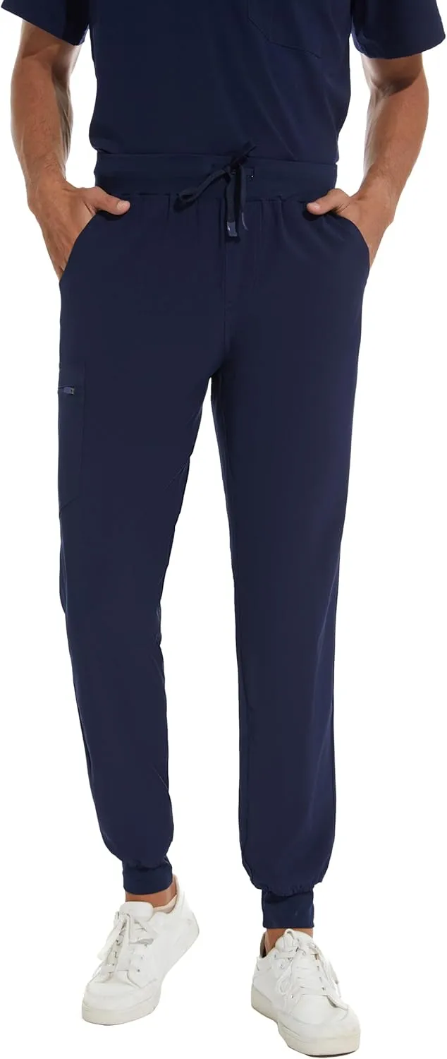 COZYFIT Men Scrubs Set — Stretch V-Neck Scrub Top & Jogger Pant with 8 Pockets, Yoga Waistband, Anti-Wrinkle Scrubs for Men