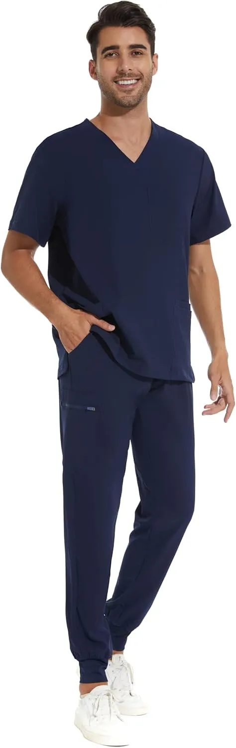COZYFIT Men Scrubs Set — Stretch V-Neck Scrub Top & Jogger Pant with 8 Pockets, Yoga Waistband, Anti-Wrinkle Scrubs for Men