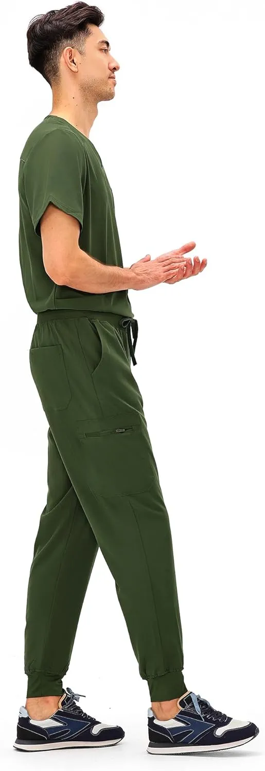 COZYFIT Scrubs for Men - 4 Pockets V-Neck Scrub Top and 7 Pockets Jogger Pants Mens Scrubs Set