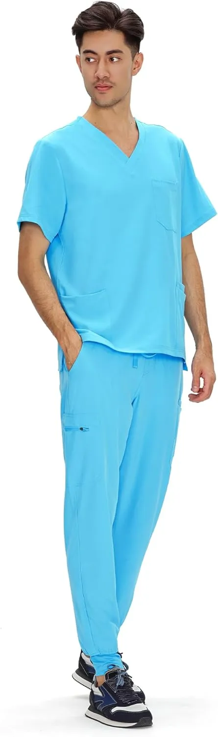 COZYFIT Scrubs for Men - 4 Pockets V-Neck Scrub Top and 7 Pockets Jogger Pants Mens Scrubs Set