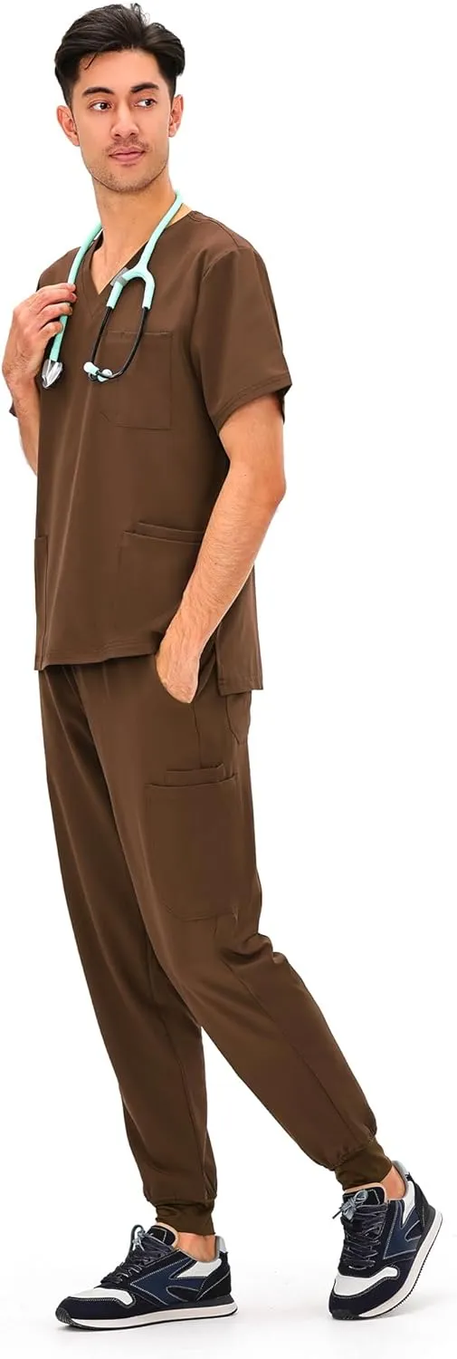 COZYFIT Scrubs for Men - 4 Pockets V-Neck Scrub Top and 7 Pockets Jogger Pants Mens Scrubs Set