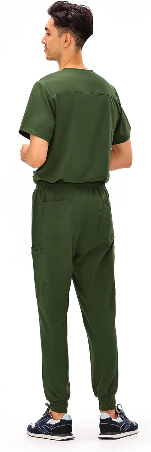 COZYFIT Scrubs for Men - 4 Pockets V-Neck Scrub Top and 7 Pockets Jogger Pants Mens Scrubs Set