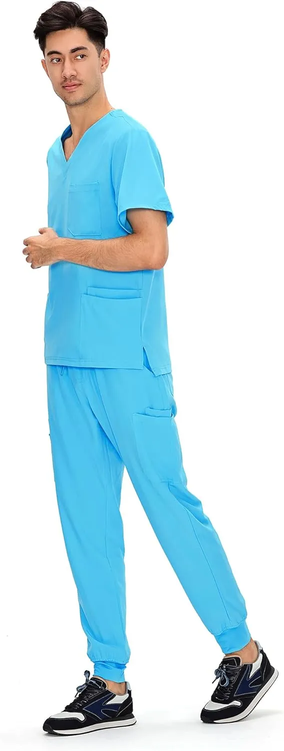 COZYFIT Scrubs for Men - 4 Pockets V-Neck Scrub Top and 7 Pockets Jogger Pants Mens Scrubs Set