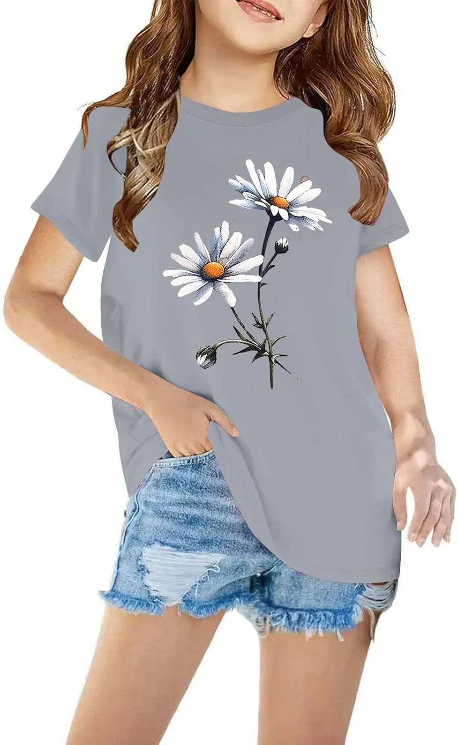 Cute Shirts for Girls, Teen Girls Daisy Floral Tops Short Sleeve Crewneck Blouse Lightweight Summer Tunic T-Shirt