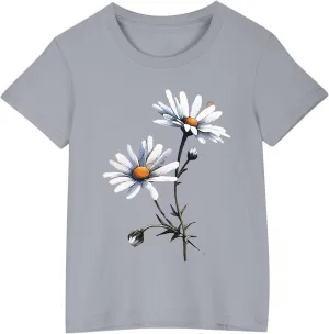 Cute Shirts for Girls, Teen Girls Daisy Floral Tops Short Sleeve Crewneck Blouse Lightweight Summer Tunic T-Shirt