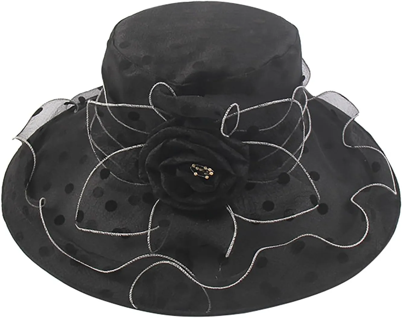 Derby Hat Wide Brim for Women Fashionable Organza Tea Party Fascinators Polka Dots Church Wedding Holiday Bucket Hats
