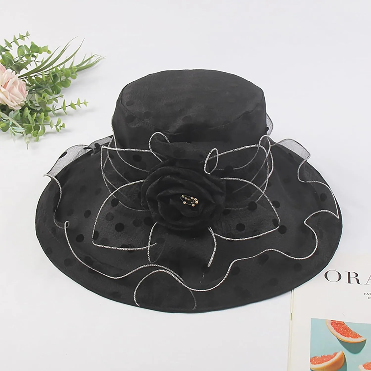 Derby Hat Wide Brim for Women Fashionable Organza Tea Party Fascinators Polka Dots Church Wedding Holiday Bucket Hats