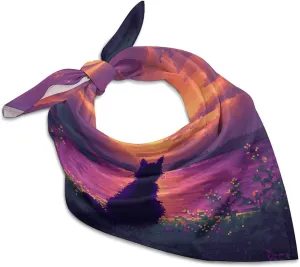 Digital Cat Enjoy The Sunset Fashion Square Silk Scarf Breathable Neck Hair Wrap Head Scarves for Men Women
