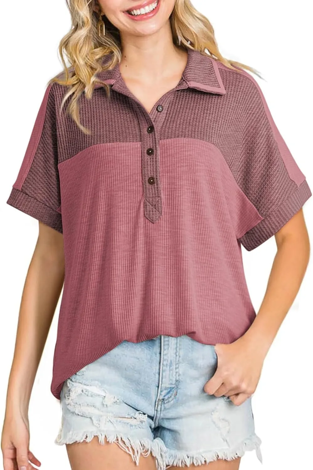 Dokotoo Women's Summer Tops Color Block Short Sleeve V Neck Knit Casual Loose Pullover Tops Shirts