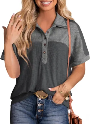 Dokotoo Women's Summer Tops Color Block Short Sleeve V Neck Knit Casual Loose Pullover Tops Shirts