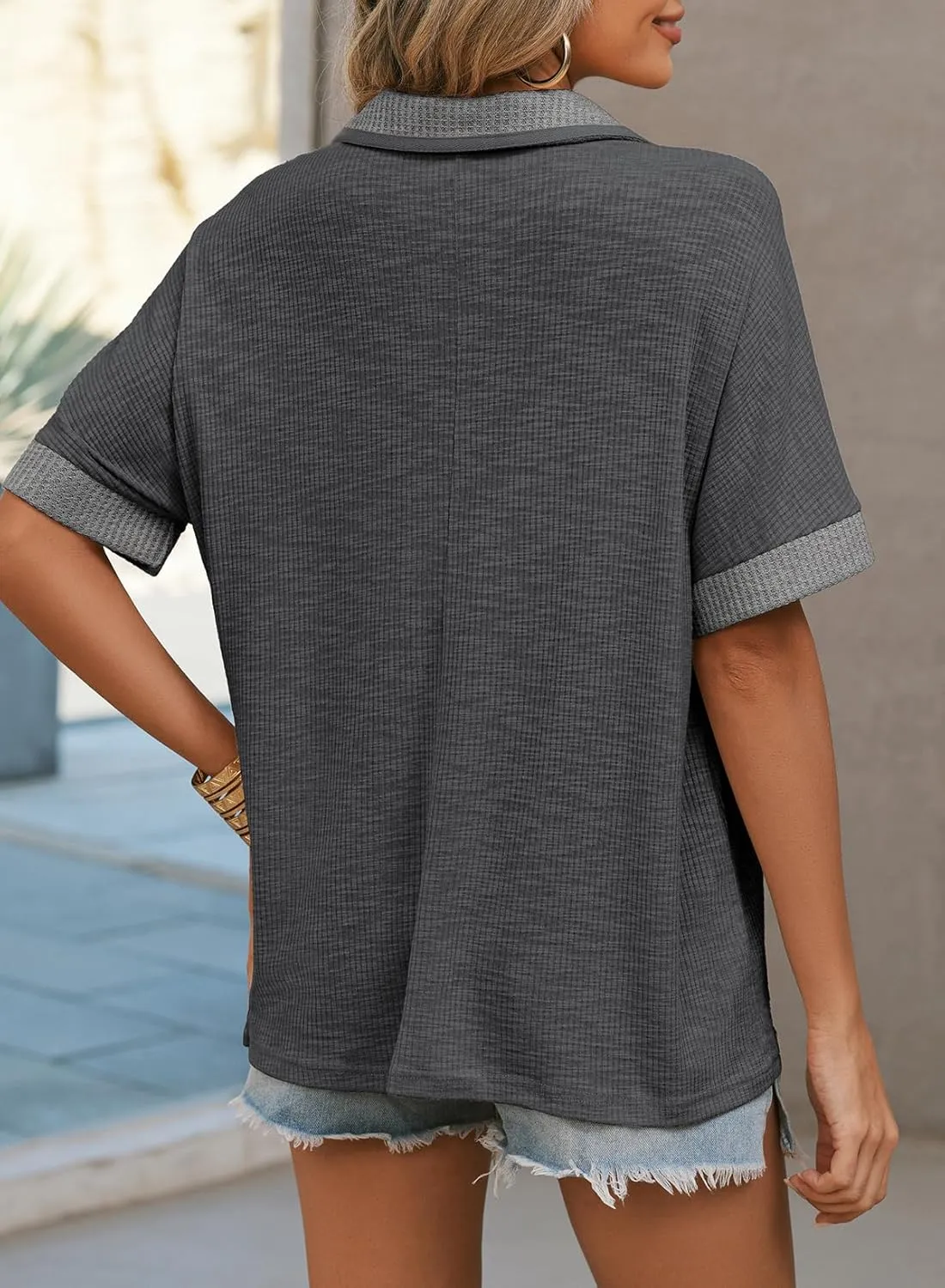 Dokotoo Women's Summer Tops Color Block Short Sleeve V Neck Knit Casual Loose Pullover Tops Shirts