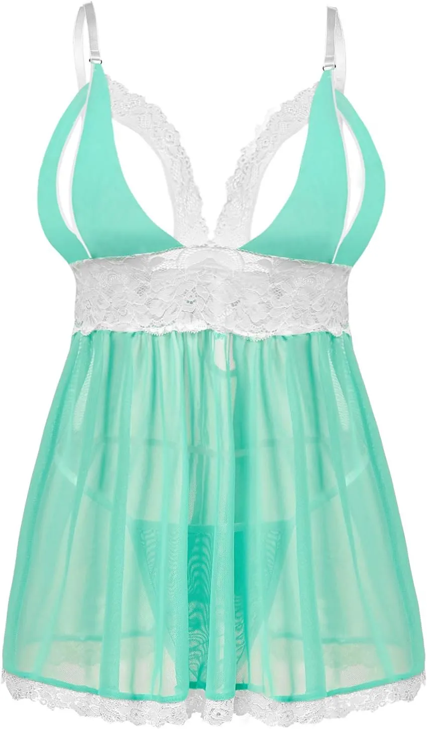 Donnalla Women Plus Size Lingerie - Sexy Split Cup Lace Babydoll Sleepwear Chemise Set 2XL,3XL,4XL