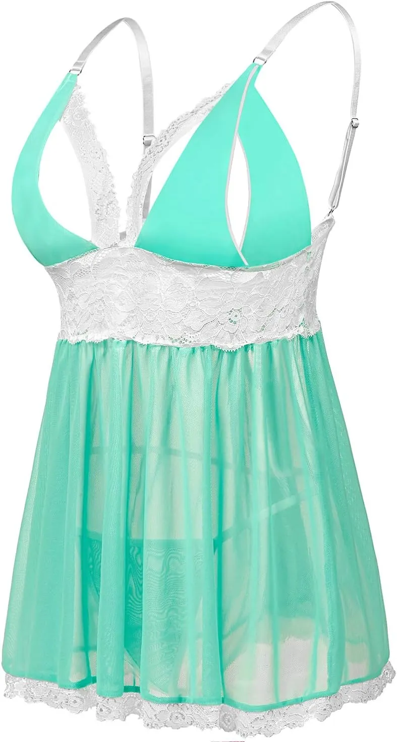Donnalla Women Plus Size Lingerie - Sexy Split Cup Lace Babydoll Sleepwear Chemise Set 2XL,3XL,4XL