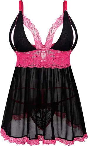 Donnalla Women Plus Size Lingerie - Sexy Split Cup Lace Babydoll Sleepwear Chemise Set 2XL,3XL,4XL