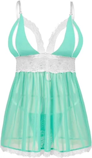 Donnalla Women Plus Size Lingerie - Sexy Split Cup Lace Babydoll Sleepwear Chemise Set 2XL,3XL,4XL