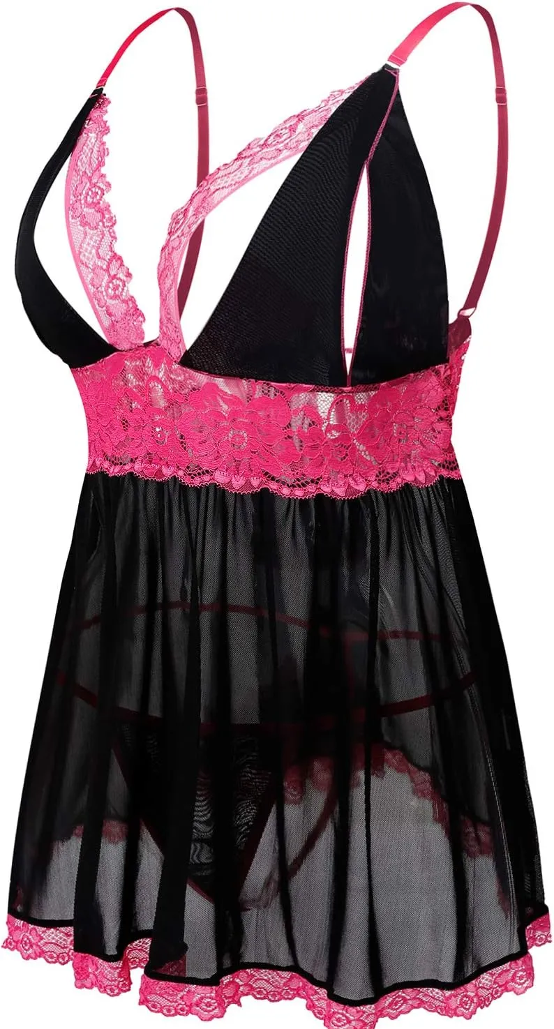 Donnalla Women Plus Size Lingerie - Sexy Split Cup Lace Babydoll Sleepwear Chemise Set 2XL,3XL,4XL