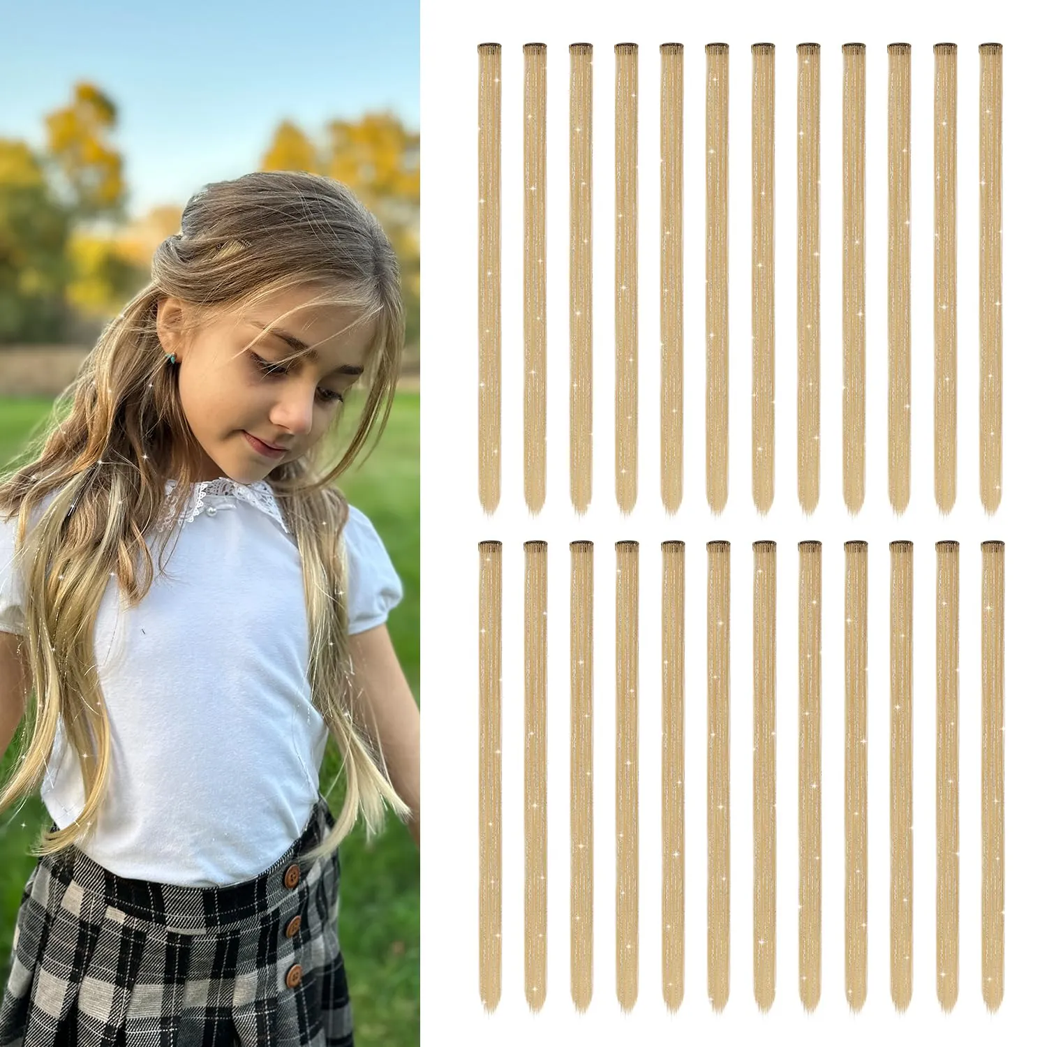 Dreamlover Tinsel Hair Extensions, Sparkly Hair Accessories for Girls, Honey Blonde, 24 Pieces