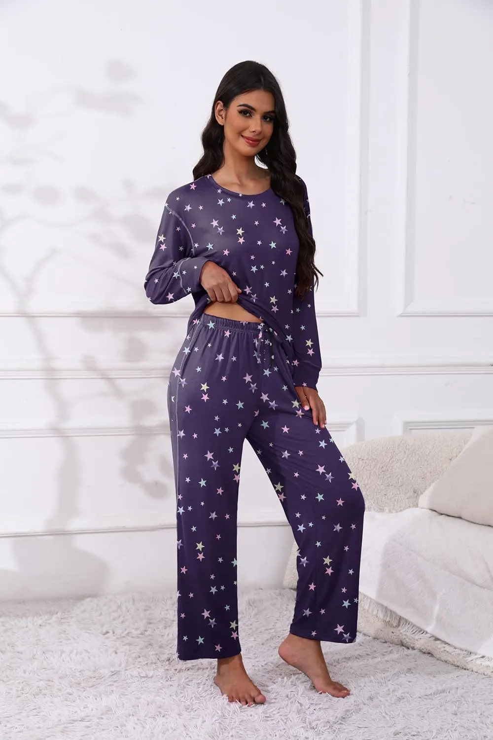 Ekouaer Women's Pajamas Set 2 Piece Lounge Sets Long Sleeve Crewneck Top and Pants Soft Pjs with Pockets