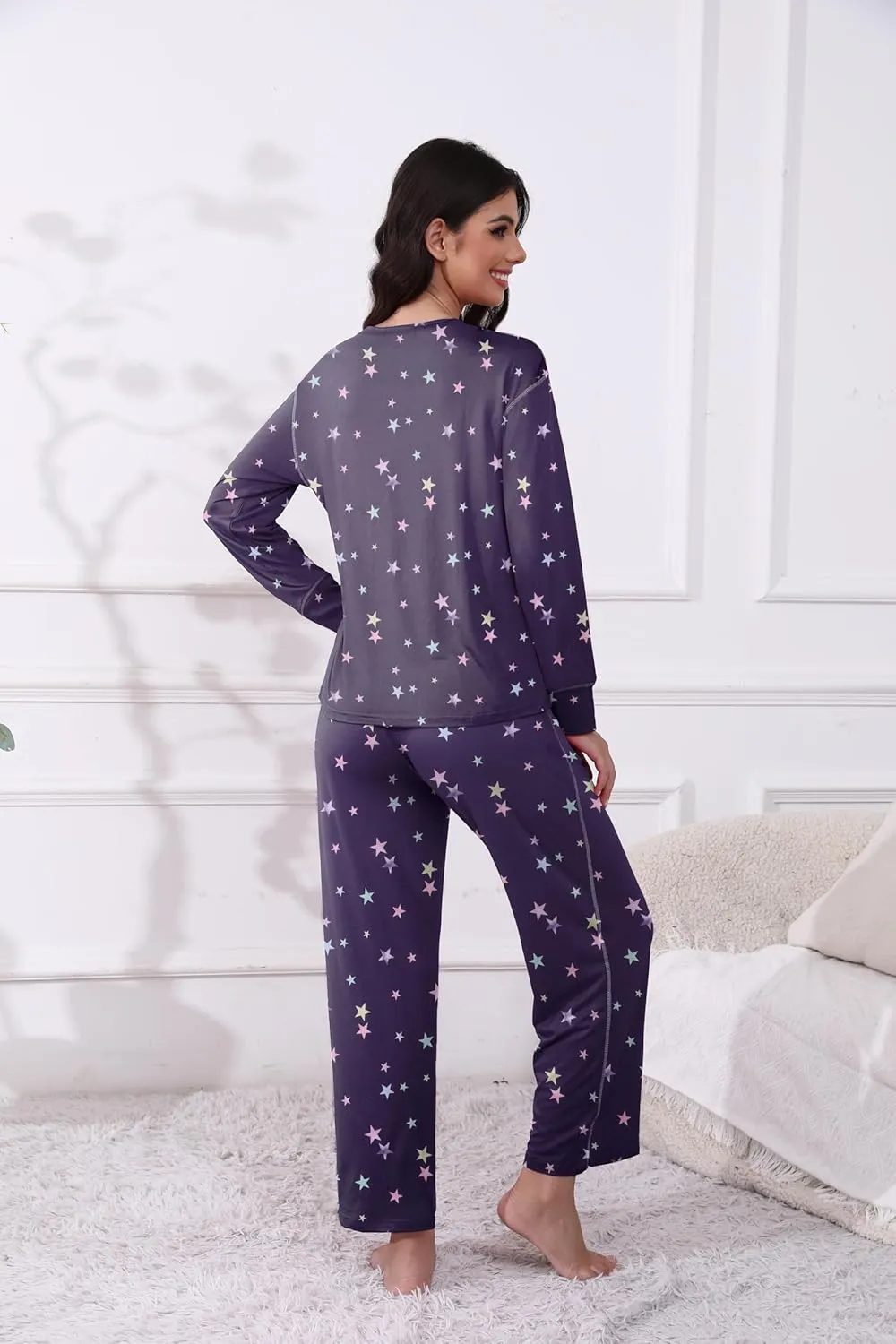 Ekouaer Women's Pajamas Set 2 Piece Lounge Sets Long Sleeve Crewneck Top and Pants Soft Pjs with Pockets
