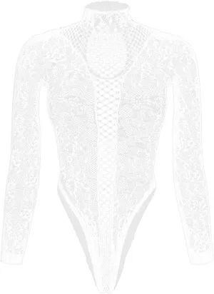 Fishnet Bodysuit Top Sexy One-Piece Long Sleeve Sheer Mesh Teddy Lingerie Outfits for Women Naughty