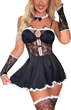 Fishnet Mini Dress for Women Sexy Lingerie Off-shoulder Lace Bodycon Sheer See through Top Attached Pleated Skirt Babydoll Cosplay Costume Halloween Black Maid Outfit Bodysuit with Gloves