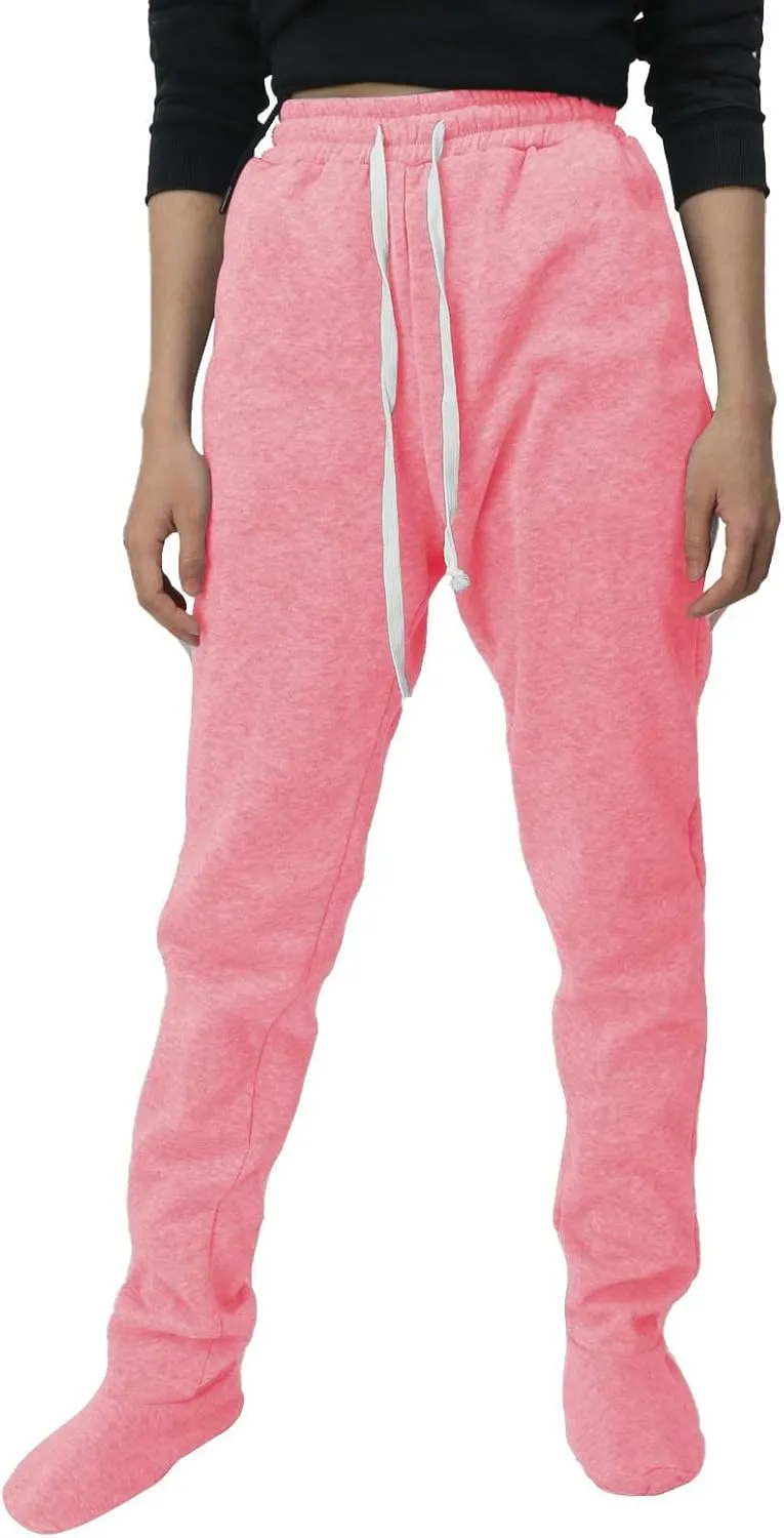 Footed Sweatpants for Women Fleece Lined Drawstring Soft Pajamas Pants Comfy Winter Thermal Nightwear Loung Trousers