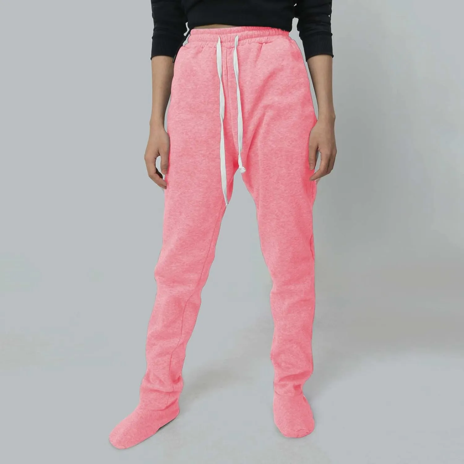 Footed Sweatpants for Women Fleece Lined Drawstring Soft Pajamas Pants Comfy Winter Thermal Nightwear Loung Trousers