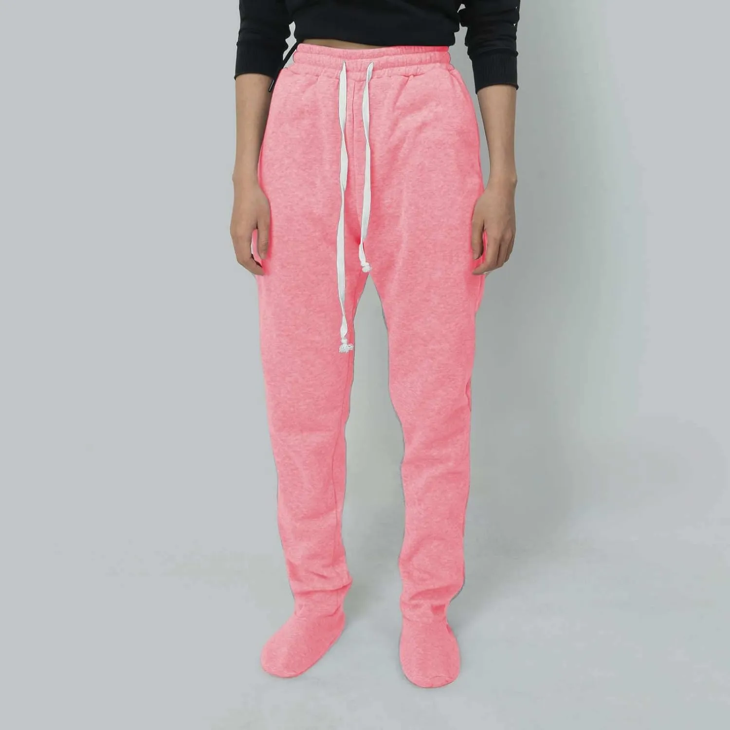 Footed Sweatpants for Women Fleece Lined Drawstring Soft Pajamas Pants Comfy Winter Thermal Nightwear Loung Trousers