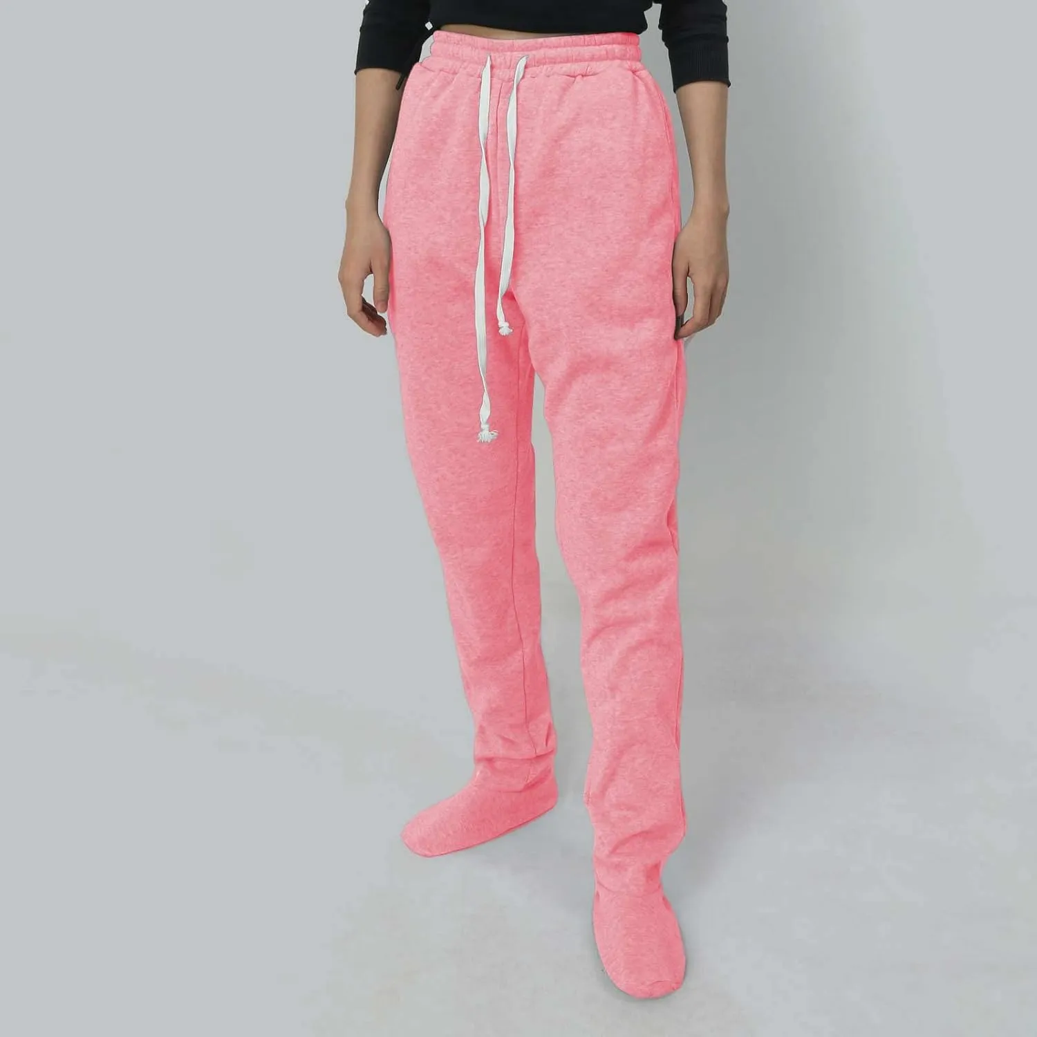 Footed Sweatpants for Women Fleece Lined Drawstring Soft Pajamas Pants Comfy Winter Thermal Nightwear Loung Trousers