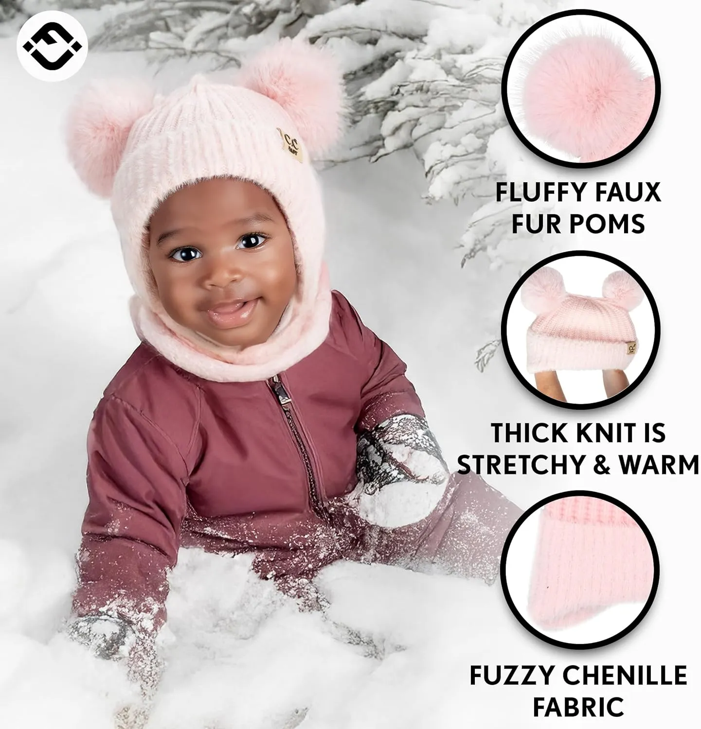 Funky Junque Baby Pom Pom Beanie, Warm Winter Hat for Infants and Toddlers, Chenille Double Pom Poms for Baby Girls & Boys