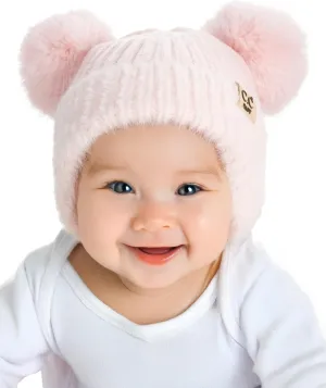 Funky Junque Baby Pom Pom Beanie, Warm Winter Hat for Infants and Toddlers, Chenille Double Pom Poms for Baby Girls & Boys