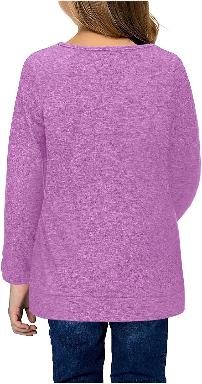 Girls Casual Long Sleeve T Shirts Solid Color Button Tunic Tops Kids Casual Blouse Sports Shirt Crew Neck