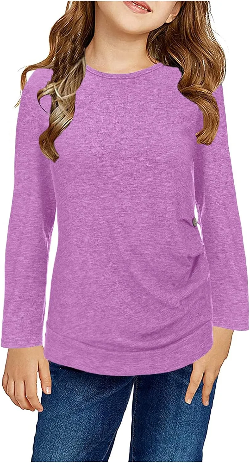 Girls Casual Long Sleeve T Shirts Solid Color Button Tunic Tops Kids Casual Blouse Sports Shirt Crew Neck