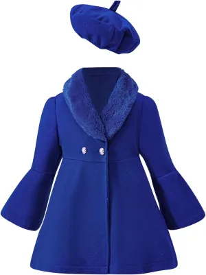 Girls Christmas Woolen Jacket & Beret Solid Fleece Lined Long Sleeve Long Coat Outerwear & Hat Sets Fall WInter