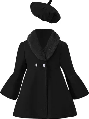 Girls Christmas Woolen Jacket & Beret Solid Fleece Lined Long Sleeve Long Coat Outerwear & Hat Sets Fall WInter